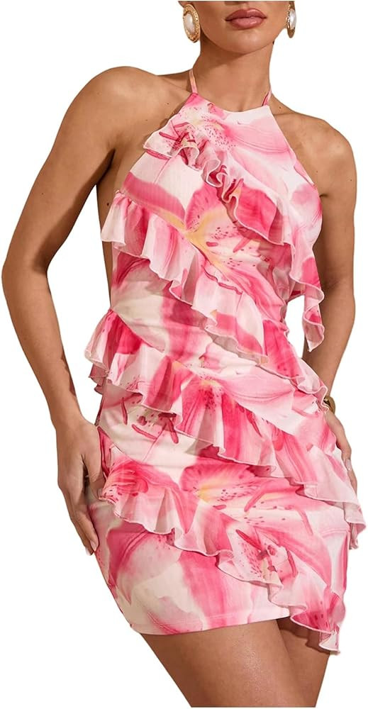 Milumia Women's Floral Ruffle Trim Bodycon Mini Dress Tie Backless Halter Short Dresses | Amazon (US)