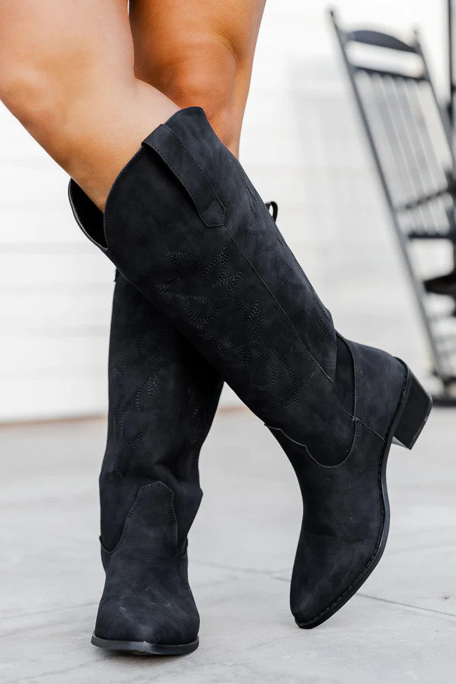 Charlotte Black Leather Cowboy Boots | Pink Lily