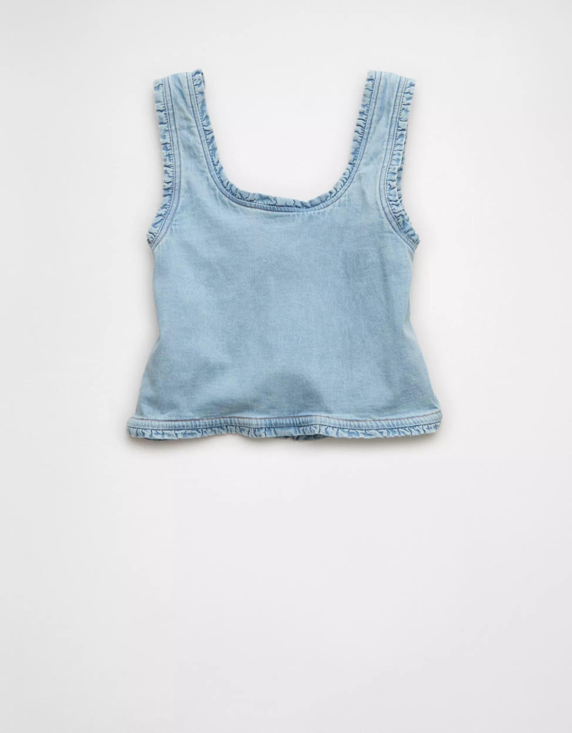 AE Cropped Ruffle Trim Denim Tank Top | American Eagle Outfitters (US & CA)