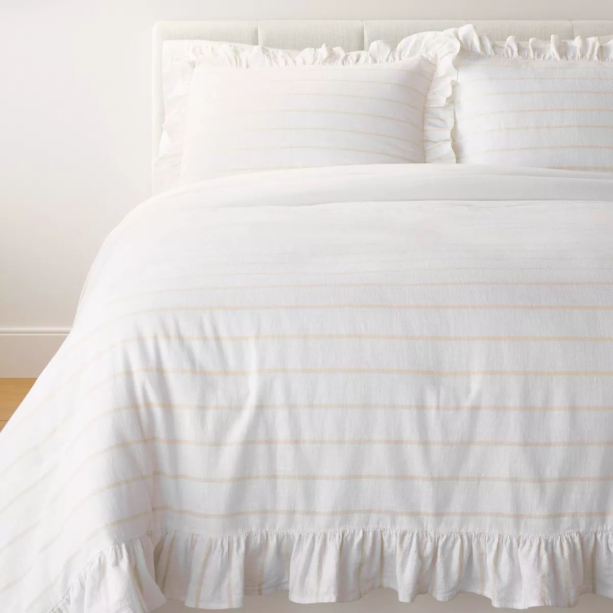 Yarn Dye Stripe with Ruffle Comforter & Sham Set White/Khaki - Threshold™ with Studio McGee | Target