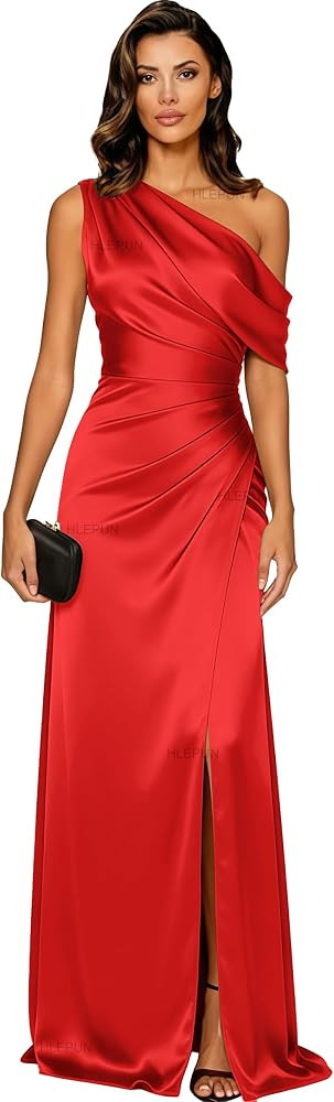 One Shoulder Satin Bridesmaid Dresses with Slit Long Mermaid Prom Dress Off Shoulder Pleated Form... | Amazon (US)