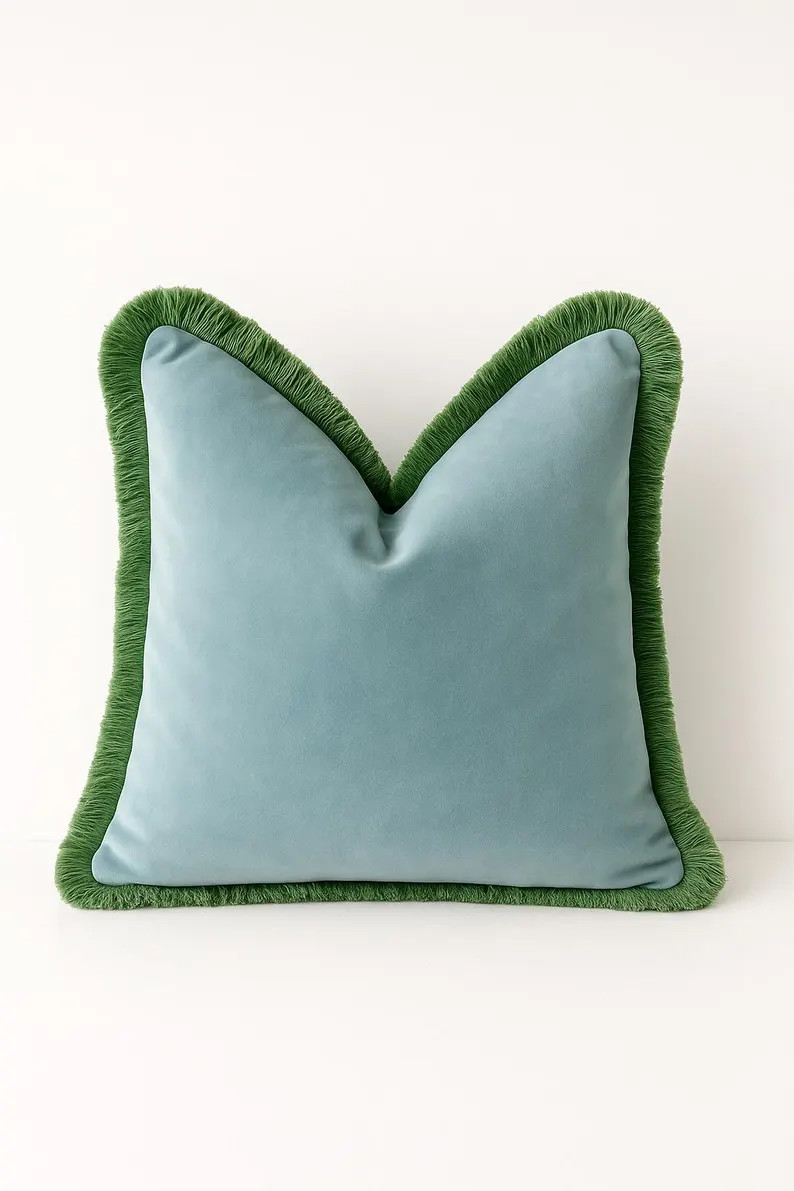 Fringe Velvet Pillow Cover – Light Blue with Sage Green Trim |  Lumbar or Bolster Cover | Chino... | Etsy (US)