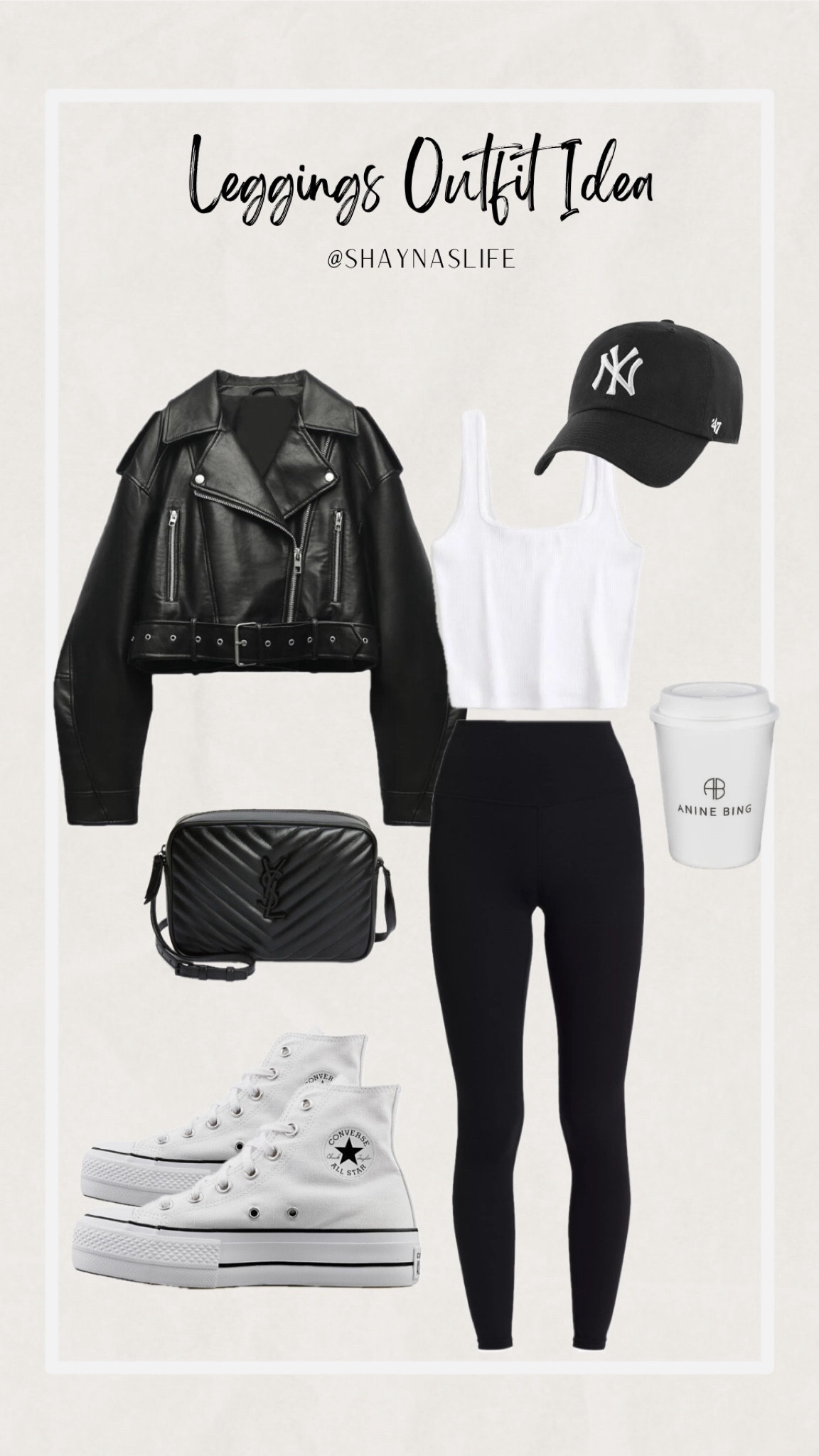 Leggings outfit idea 
Amazon jacket xl 
Amazon leggings L 
Lululemon leggings size 10 
Tanks L & XL 

How to style , ways to wear , leggings outfit idea , midsize , Moto jacket, cropped tank, Lululemon leggings, align leggings, Amazon, fashion, YSL, Converse, platform, Anine bing, hat 

#LTKstyletip #LTKfindsunder100 #LTKmidsize