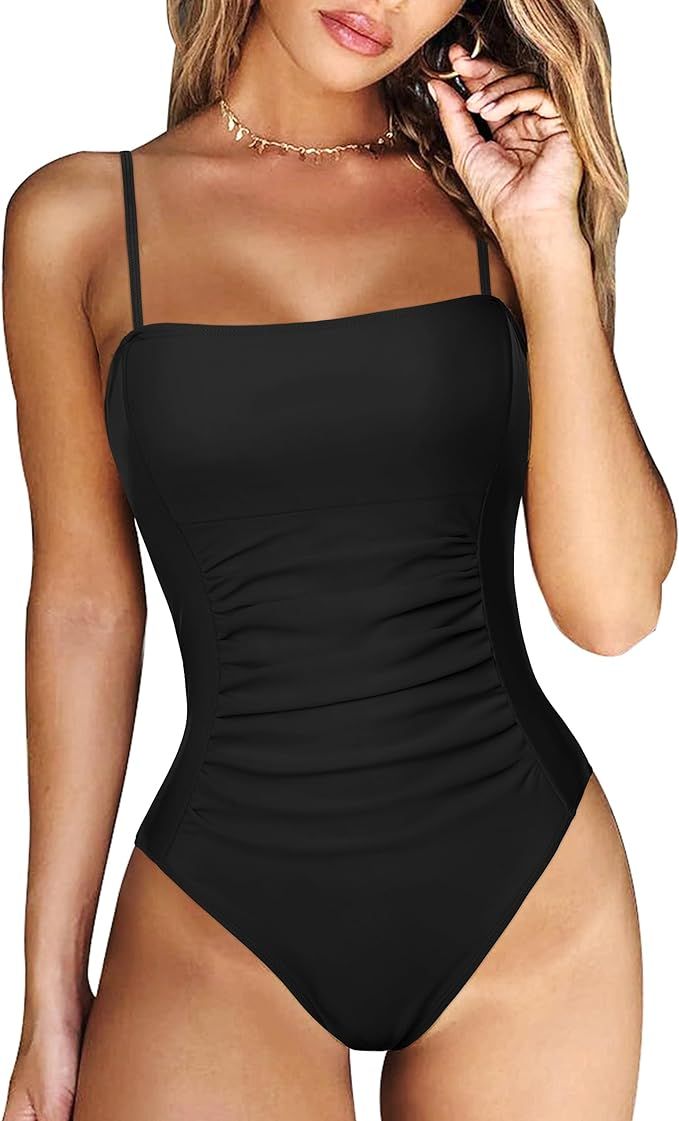 RXRXCOCO Women Square Neck One Piece Bathing Suit Ruched Tummy Control Swimsuits Swimwear with Ad... | Amazon (US)