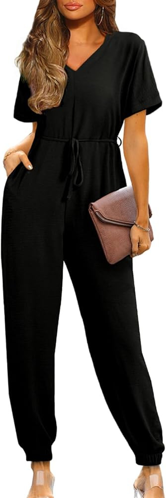 Happy Sailed Womens Jumpsuit Loose V Neck Short Sleeve Belted Pockets Long Pant Romper Business C... | Amazon (US)