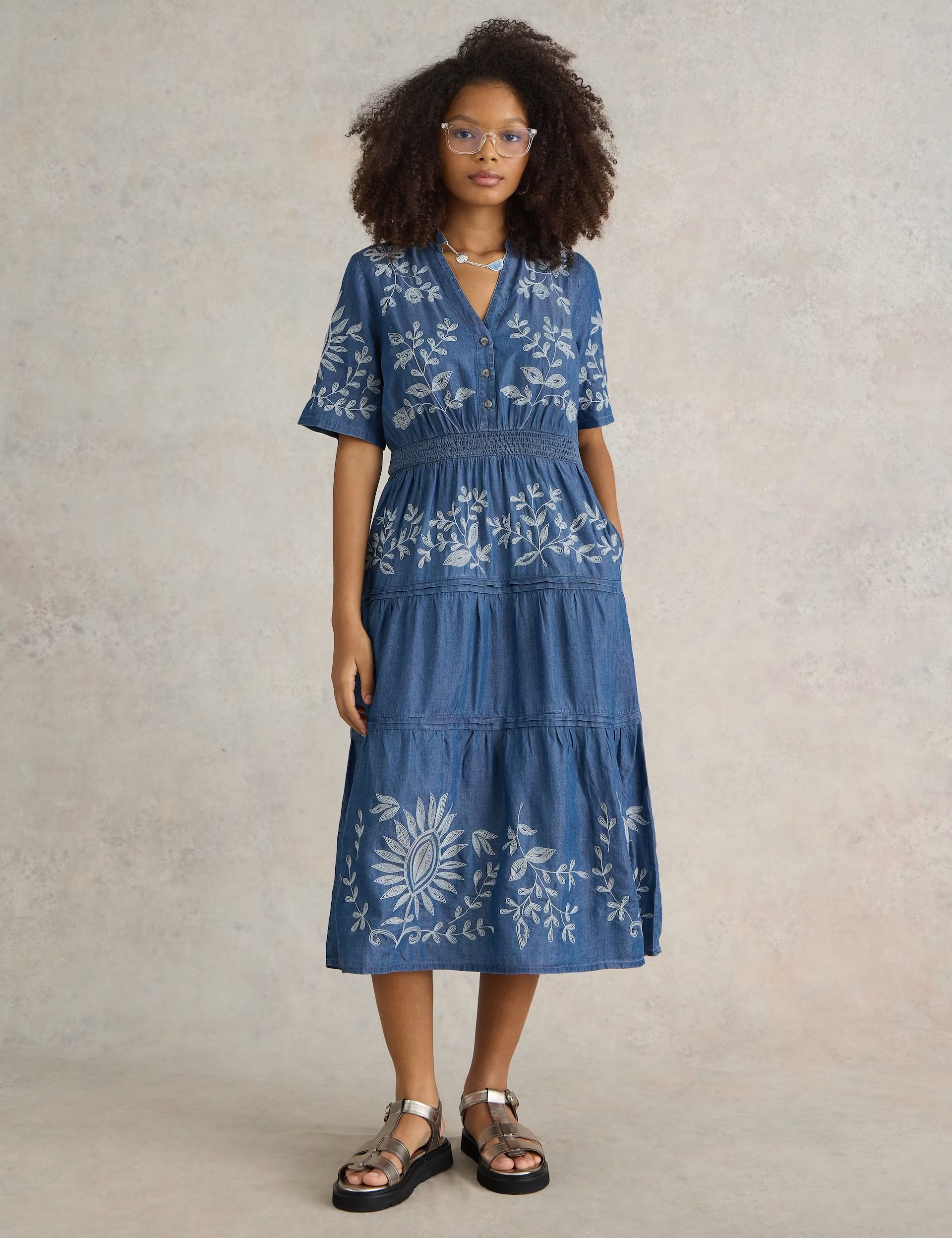 Pure Lyocell™ Denim Embroidered Midi Tiered Dress | Marks & Spencer (UK)