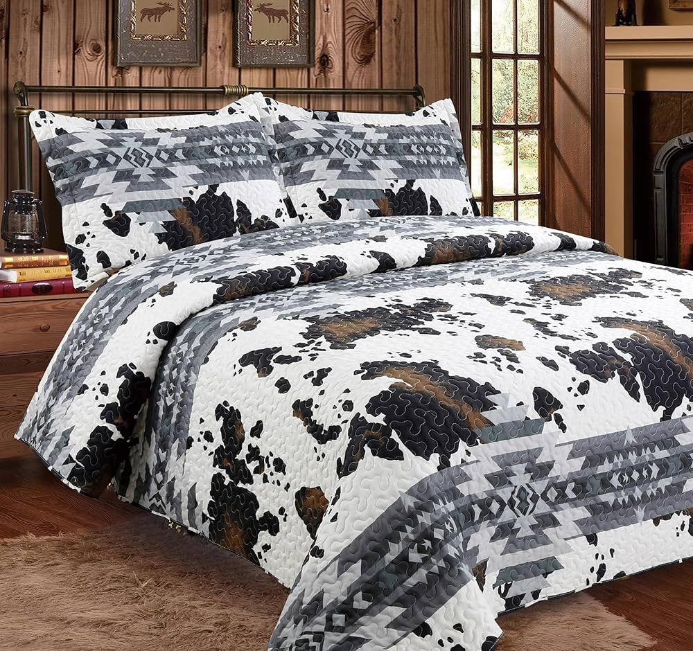 3-Piece Fine Printed Oversize Size Quilt Set, All-Season Bedspread Cow Southwestern Aztec Print P... | Amazon (US)
