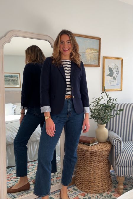 Classic, timeless, and preppy elevated everyday look for spring 💙🤍 navy blazer, striped boatneck top, jeans, brown leather ballet flats, horsebit belt. 

#LTKstyletip