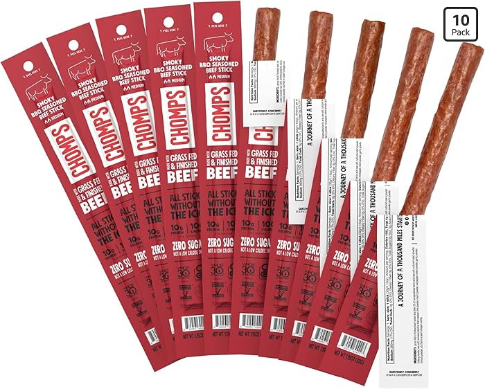 Chomps Grass-Fed and Finished Smoky BBQ Beef Jerky Snack Sticks 10-Pack - Keto, Paleo, Whole30, 1... | Amazon (US)