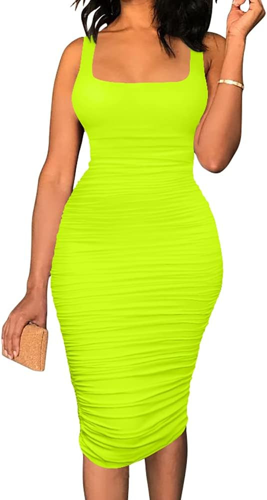 BEAGIMEG Women's Sexy Tank Top Bodycon Ruched Sleeveless Basic Midi Party Dress | Amazon (US)