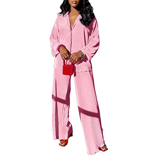 kaimimei Women's 2 Piece Casual Outfits Long Sleeve Button Down Shirt High Waist Long Pants Loungewear Streetwear Suits | Amazon (US)