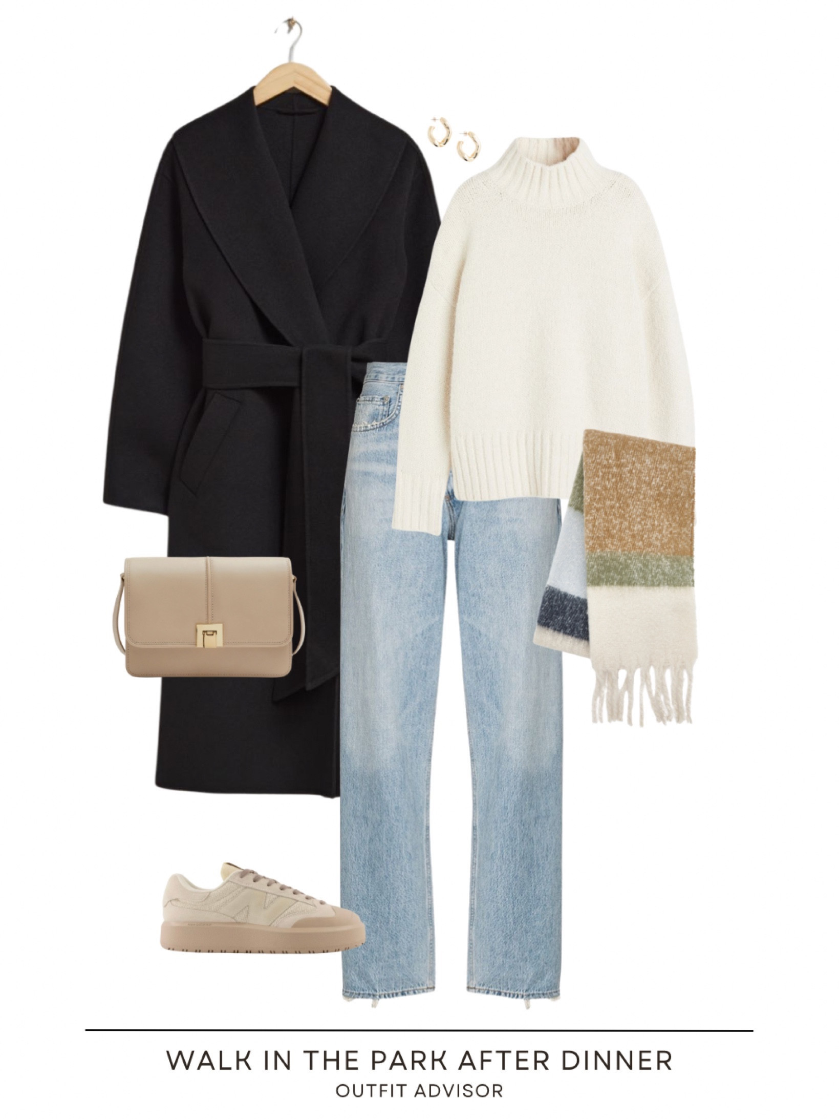 Chic winter outfit inspo: a black belted coat, white knit turtleneck, criss cross agolde jeans, a cute scarf, a crossbody bag, new balance CT sneakers and a pair of gold earrings 

#LTKHoliday #LTKstyletip #LTKshoecrush