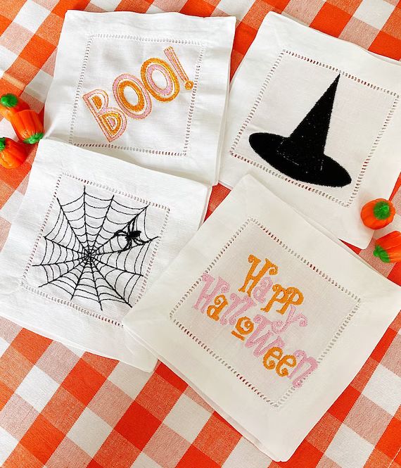 Halloween cocktail napkins hemstitched linen . 6x6. Set of 4. Cute! Embroidered | Etsy (US)