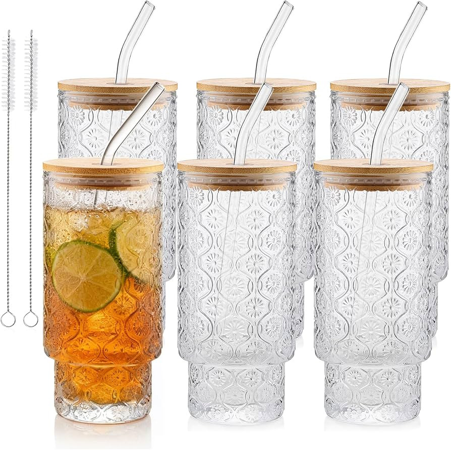 Vintage Glass Cups With Bamboo Lids And Straws 16 Oz,Vintage Tumbler Embossed Floral Glass Cups S... | Amazon (US)