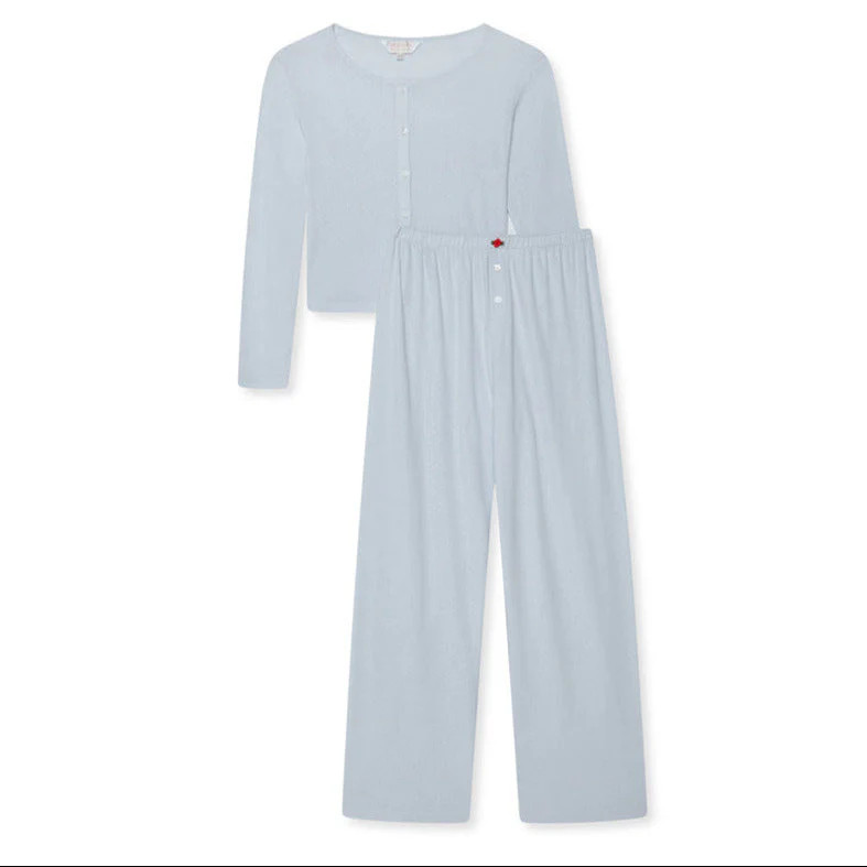 Pointelle Cardigan and Trouser Set- Baby Blue/Red | The NAP Co