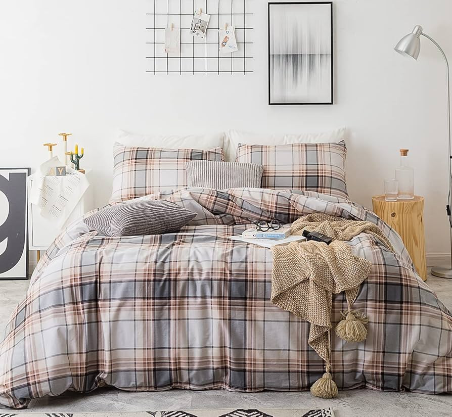 Amazon.com: SUSYBAO Plaid Duvet Cover Queen 100% Cotton Khaki Gingham Duvet Cover Set 3 Pieces 1 ... | Amazon (US)