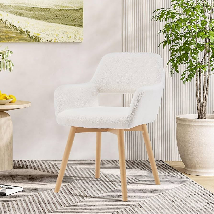 Desk Chair No Wheels Vanity Chair Makeup Chair Comfy Accent Chair for Living Dining Room Bedroom Home Office Mid Century Modern Upholstered Armchair Sofa with Wood Legs (Wool White, 1) | Amazon (US)