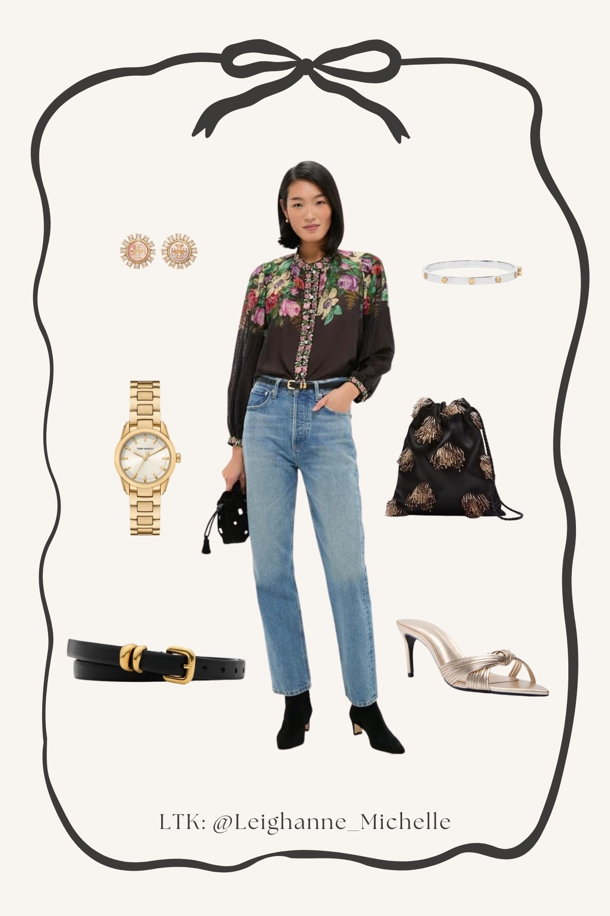 Sophisticated style

Feminine floral blouse
Gold watch
Silver bangle bracelet 
Black belt
Gold kitten heels
Black beaded bag
Denim jeans

#LTKValentine #LTKOver40 #LTKootd