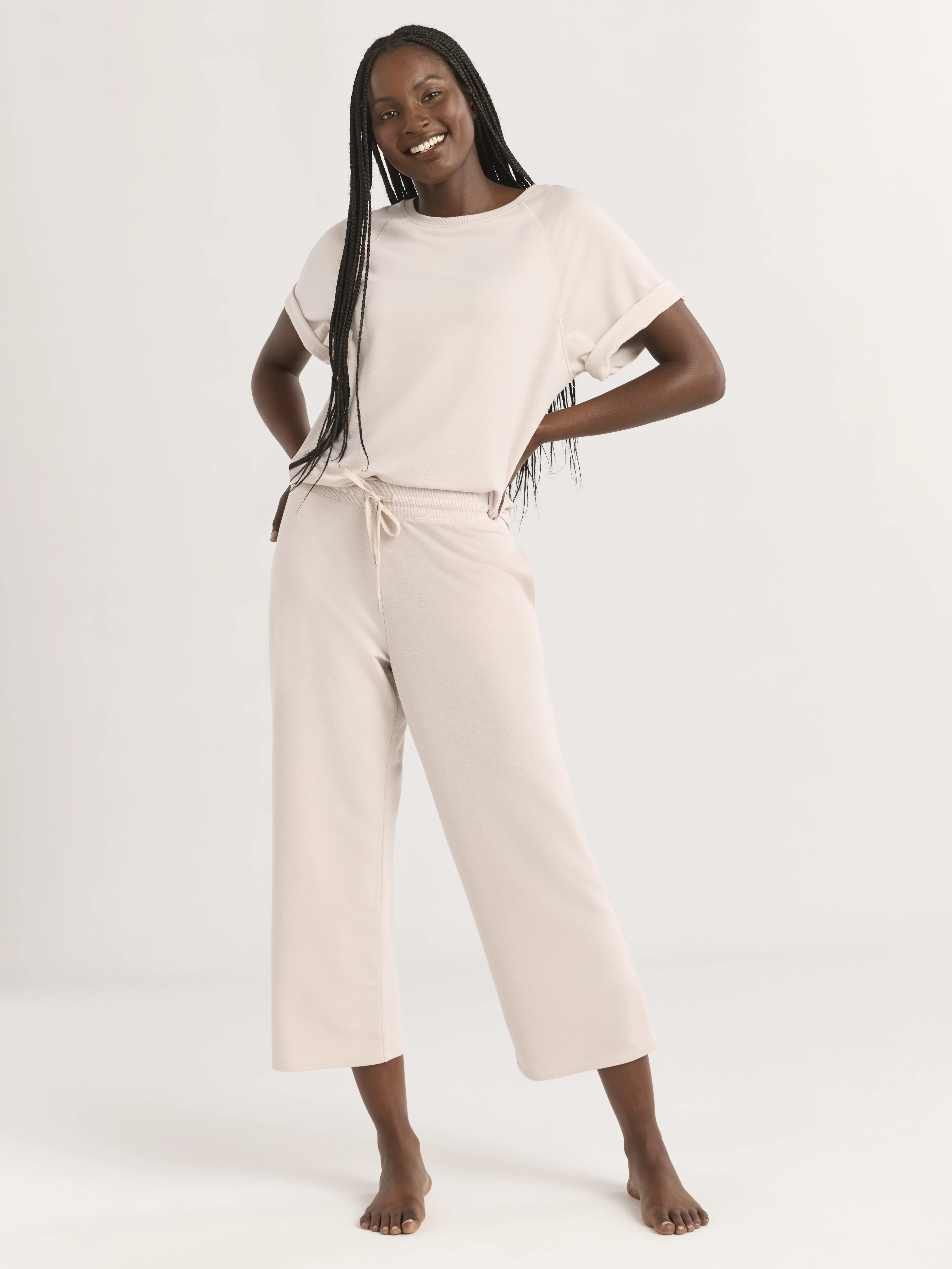 Joyspun Women's French Terry Short Sleeve Top and Capri Pants Set, 2-Piece, Sizes XS-3X | Walmart (US)