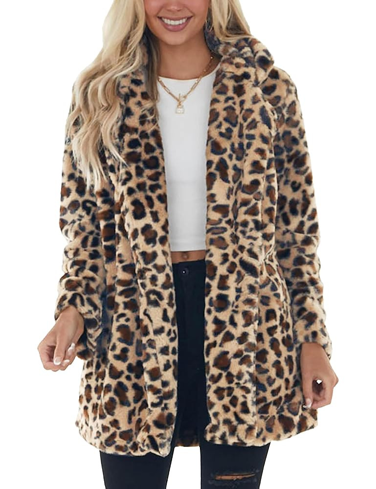 SeekMe Womens Faux Fur Coats Leopard Jackets Loose Warm Fall Winter Fluffy Jacket Outwear | Amazon (US)