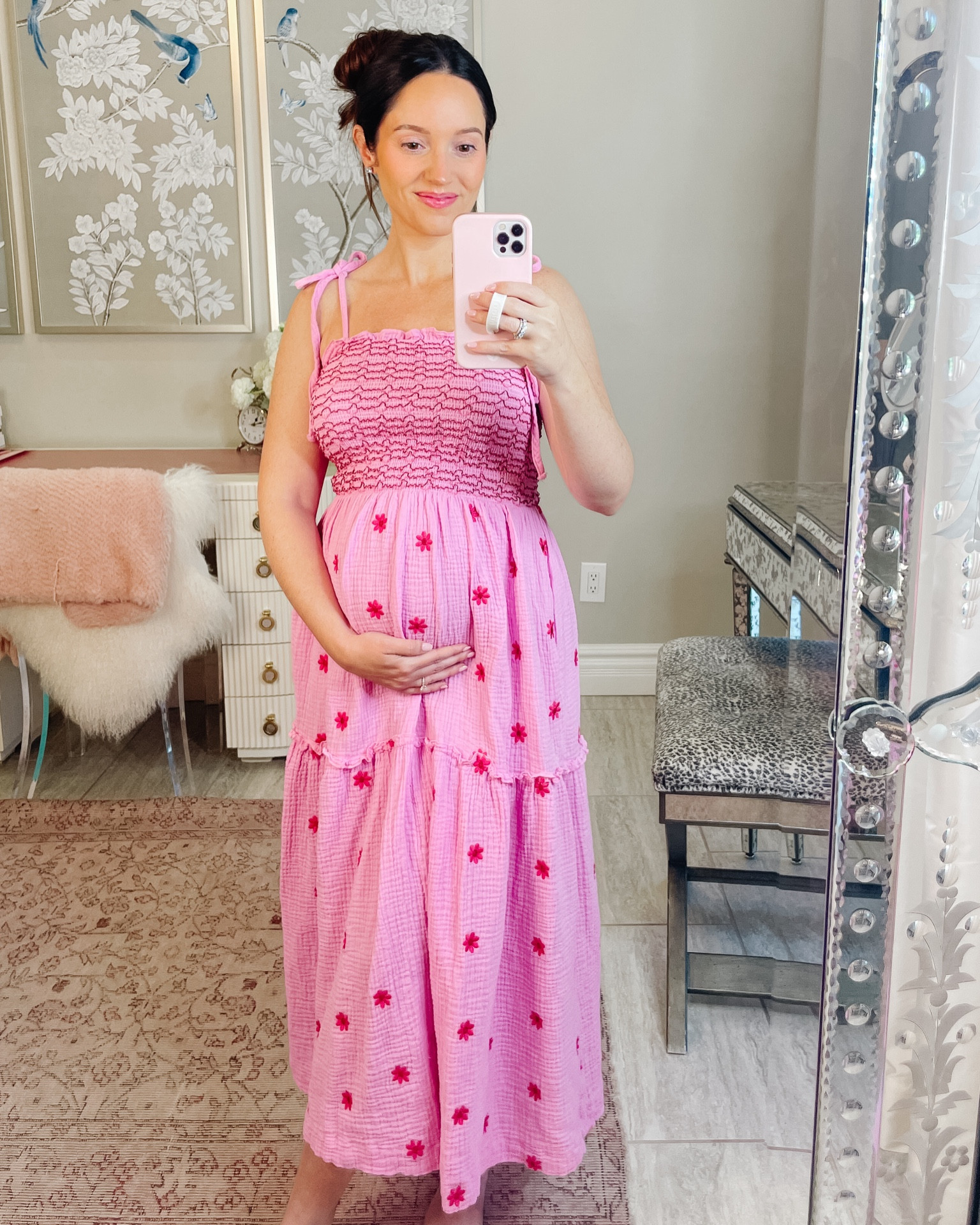 LOVE this AMAZON dress. It reminds me of free people. The straps are adjustable ties and the smocking around the chest is very stretchy making it perfect for maternity / it’s a bump friendly dress. Would be so cute for a baby girl baby shower! Wearing Size small, 21 weeks pregnant and 5’1 

#LTKStyleTip #LTKBump #LTKFindsUnder50