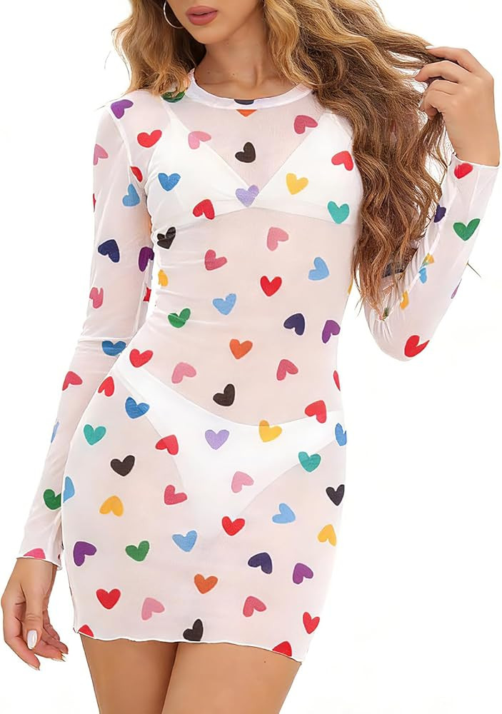 Women's Sheer Mesh Printed Slim Sexy Mini Dresses Long-Sleeve Y2k Punk Party Cover Up Dress | Amazon (US)