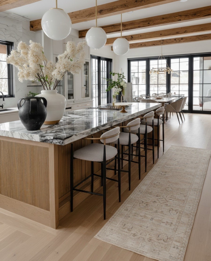 Elevated organic modern kitchen design.

This space combines warm oak cabinetry, exposed wood beams, and a bold black marble island for a timeless yet fresh look. The contrast between light wood tones and dark accents creates depth, while the neutral runner rug softens the space beautifully.

I love how the white globe pendants and black-framed windows bring balance bright, airy, and modern without feeling cold. The large marble waterfall island steals the show here, perfect for both cooking and gathering.

If you’re looking for kitchen decor inspiration, this design nails that modern farmhouse and organic contemporary mix that’s trending right now.

#LTKHome #LTKFindsUnder100 #LTKSaleAlert