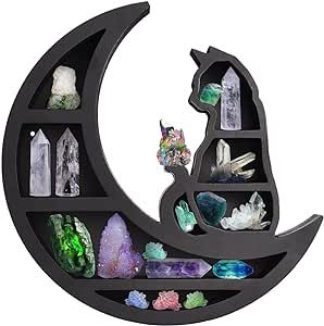 Cat on The Moon Wooden Shelf for Crystals, 14Inch Black Wall Mounted Moon Crystals Display Shelf,... | Amazon (US)