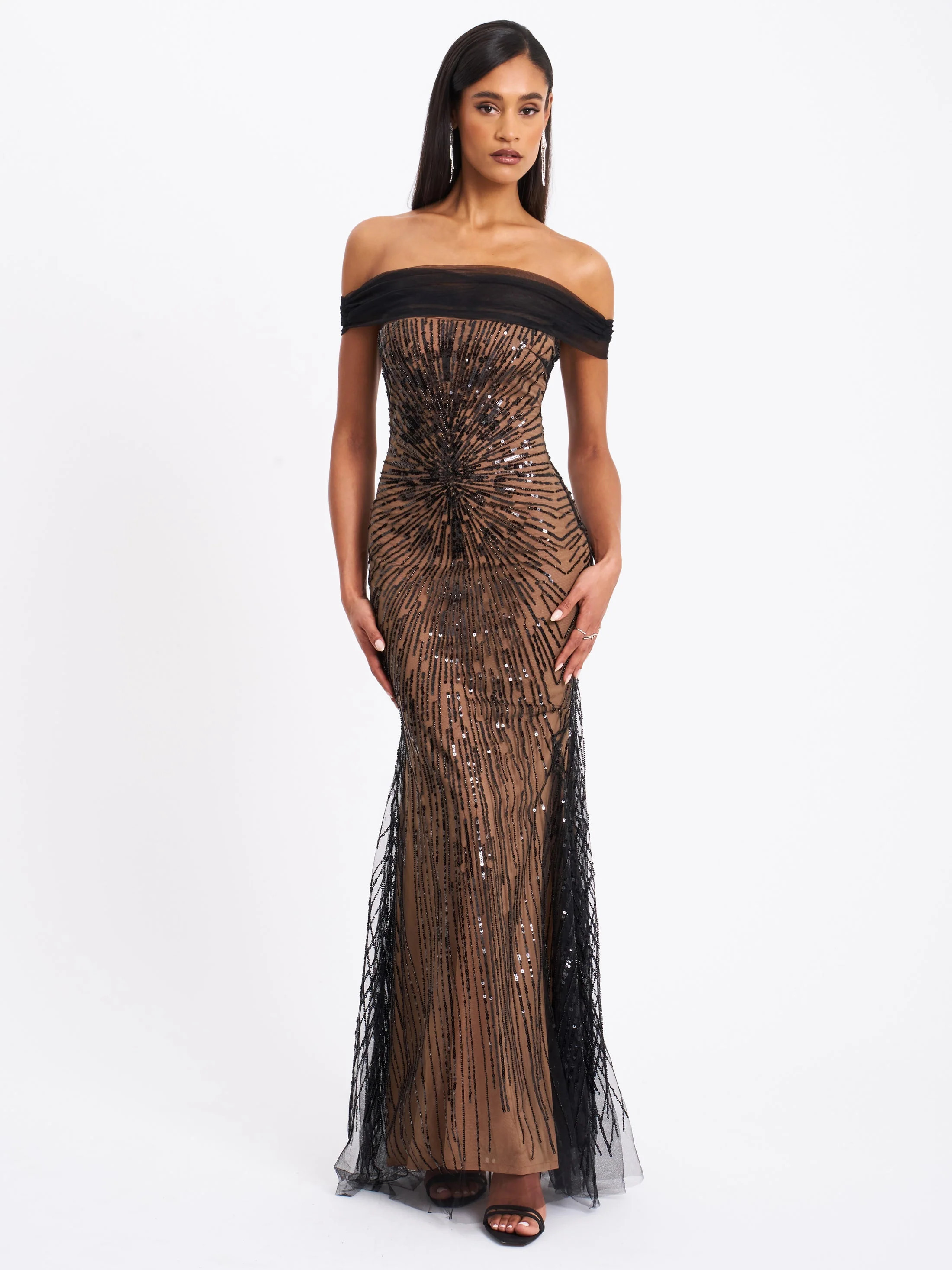 Miss Circle Women Qeturah Embroidered Sequin Off Shoulder Mesh Gown | Shop Simon
