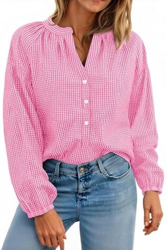Cicy Bell Womens Puff Long Sleeve Blouse Gingham Pleated V Neck Button Down Shirts Loose Fit Dres... | Amazon (US)