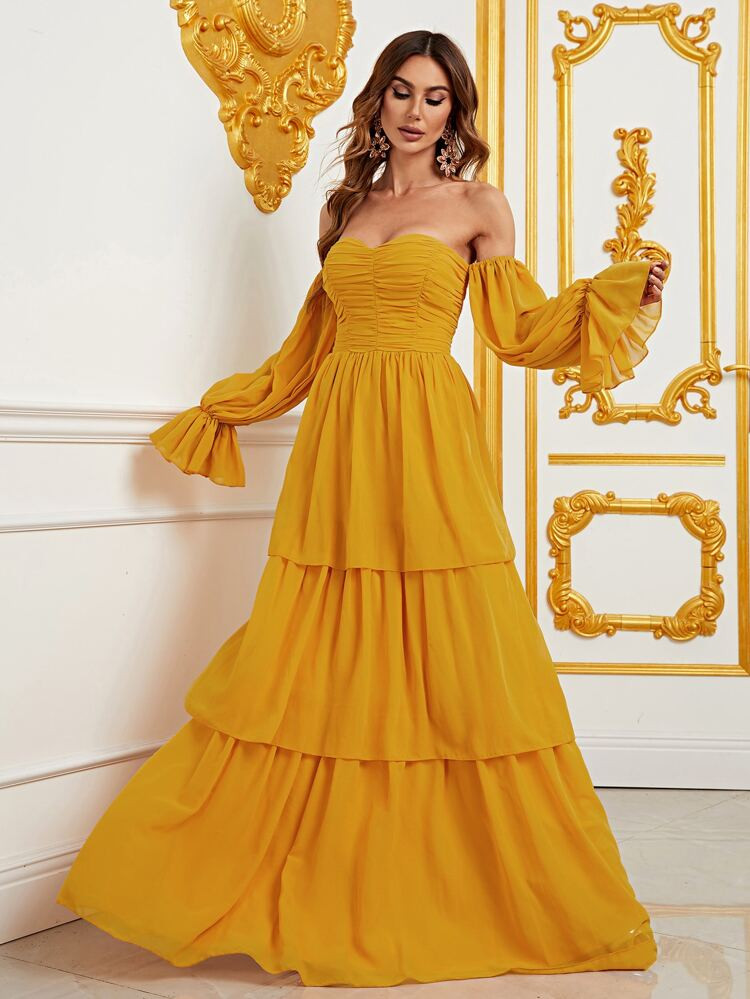 Off Shoulder Flounce Sleeve Layered Hem Dress | SHEIN