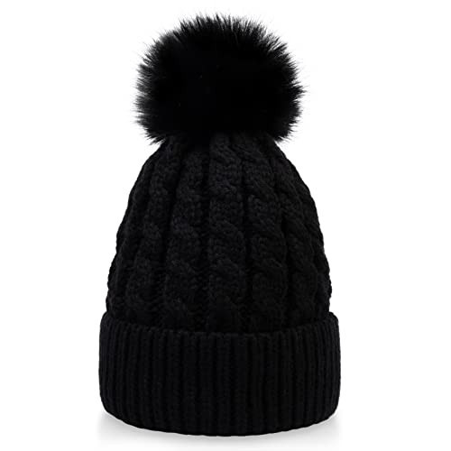 Simplicity Men / Women's Winter Hand Knit Faux Fur Black Pompoms Beanie Hat, Single-Black Pom Beanie | Amazon (US)