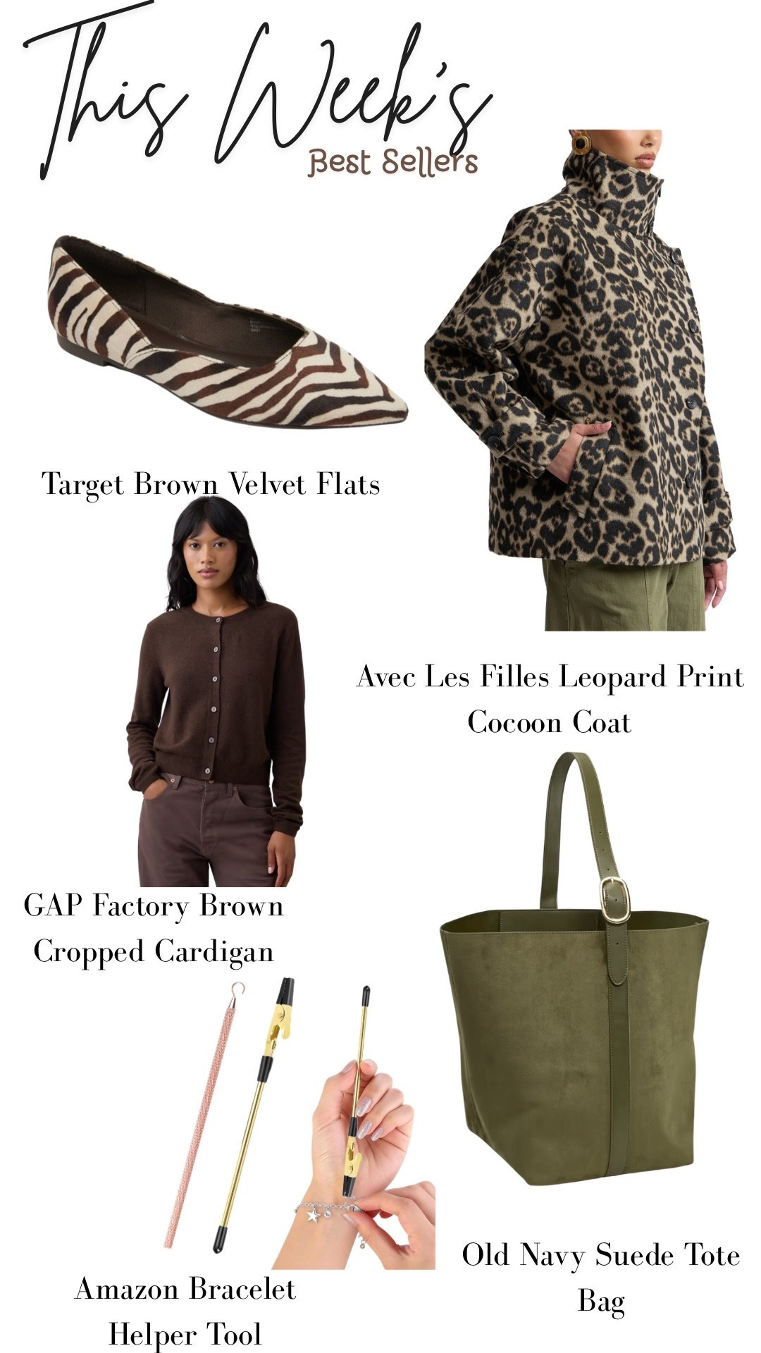 Best Sellers OTW

Target Brown Velvet Flats, Avec Les Filles Leopard Print Cocoon Coat, GAP Factory Brown Cropped Crewneck Cardigan, Old Navy Suede Tote Bag, Amazon Bracelet Helper, Amazon Brown Jacket

#LTKSeasonal