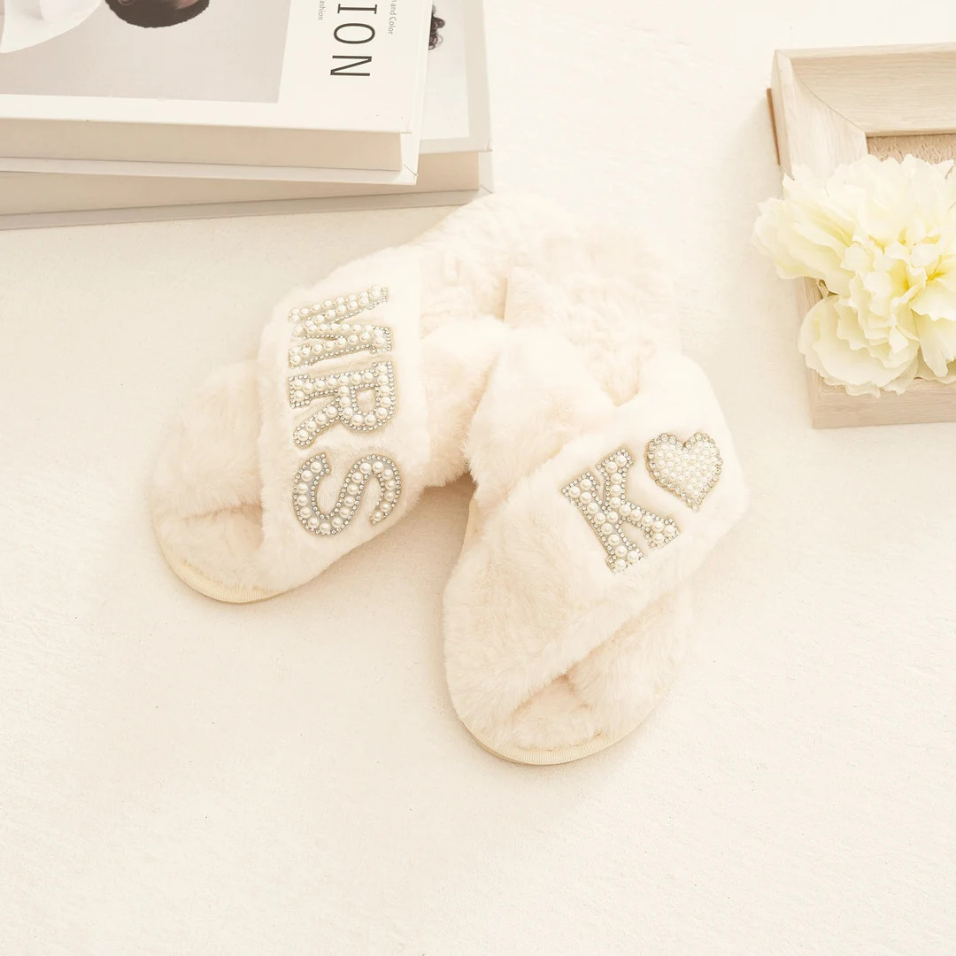 Bridal Mrs Wedding Slippers, Custom Mrs Fluffy Slippers With Pearls Letters, Bridal Shower Gifts,... | Etsy (US)