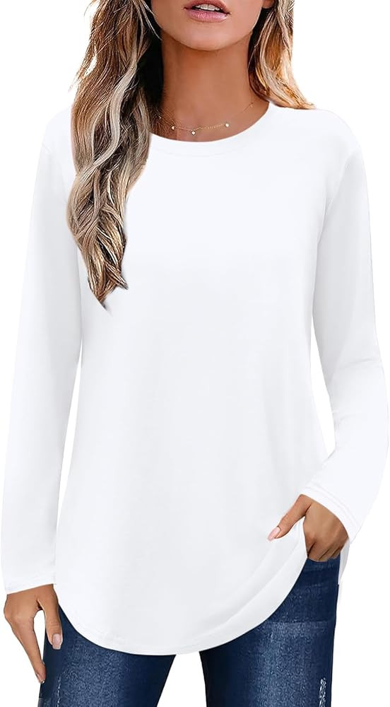 Elesomo Womens Shirts Casual Crew Neck Short/Long Sleeve Tunic Tops Tees | Amazon (US)