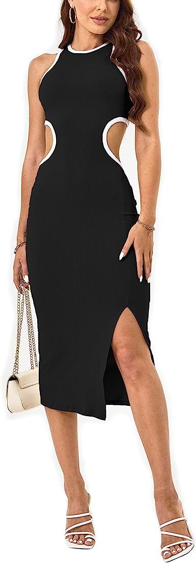 NauLon Womens Sexy Cut Out Waist Open Back Bodycon Dress Ankle Length Ribbed Party Club Midi Mini Dr | Amazon (US)