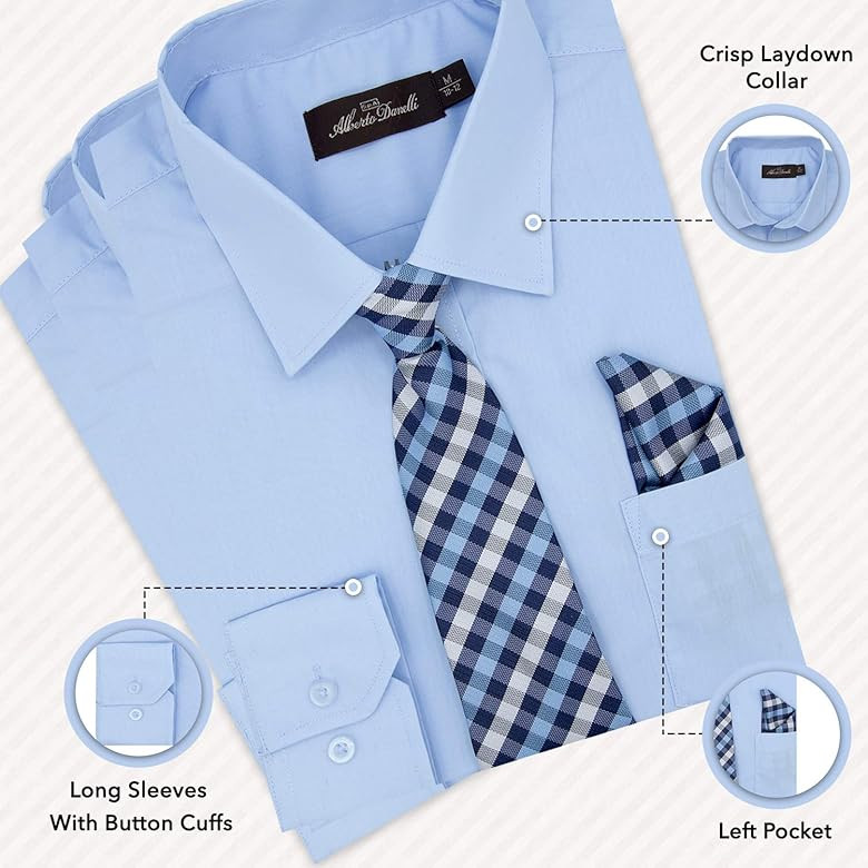 Alberto Danelli Boys Dress Shirt with Matching Tie and Handkerchief, Long Sleeve Button Down, Poc... | Amazon (US)