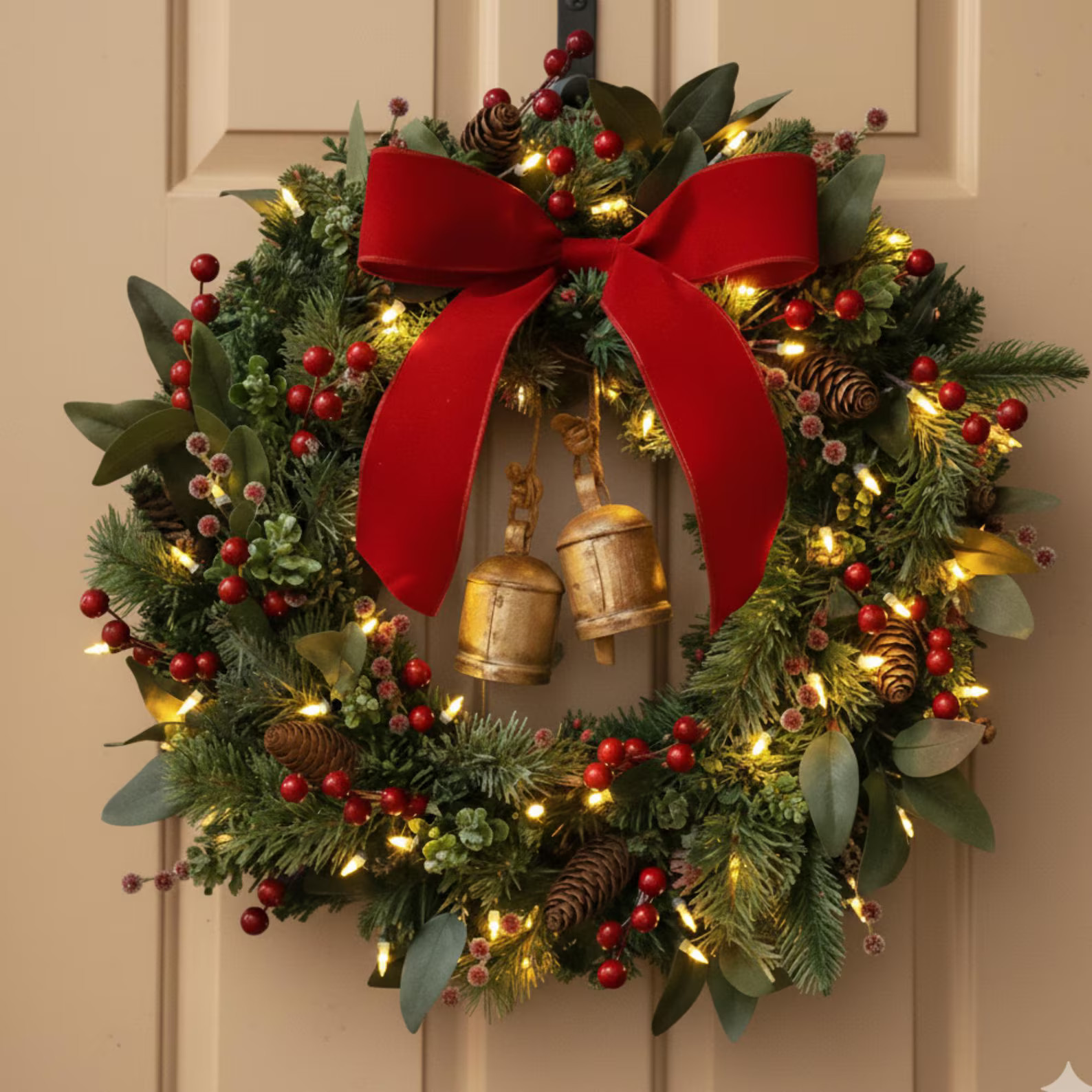 Lighted Christmas Wreath For Front Door: Velvet Bow, Gold Bells, Pinecones, Winter Door Decor, Fa... | Etsy (US)