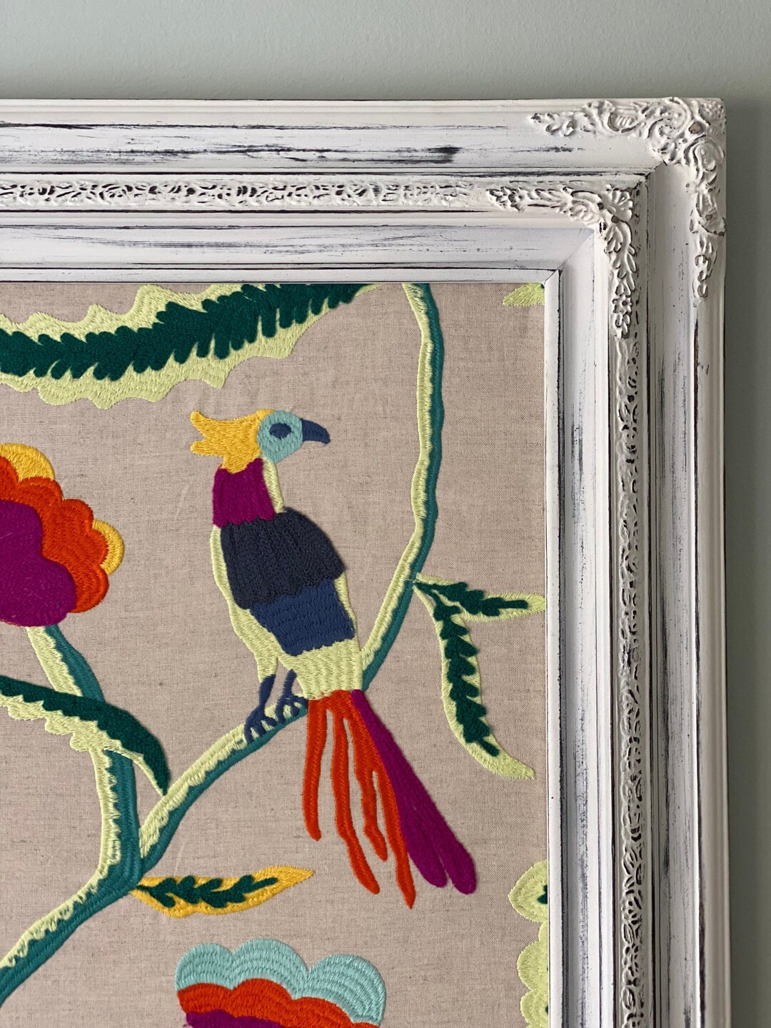 Bird Wall Hanging, Tropical Flower Wall Hanging, Crewel Embroidery Wall Hanging, Pop of Color Fra... | Etsy (US)