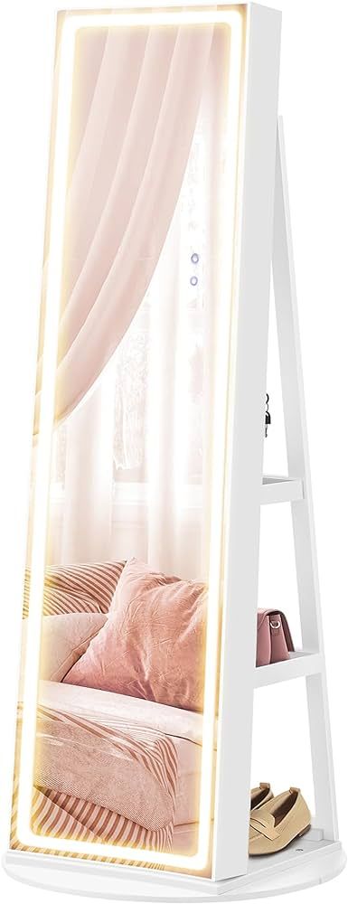 SONGMICS LED Mirror Jewelry Cabinet Standing, Lockable Jewelry Armoire with Full-Length Mirror an... | Amazon (US)