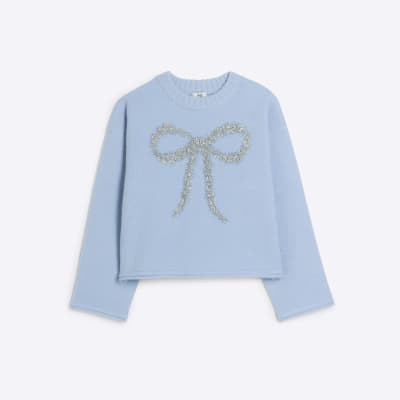 Girls Blue Tinsel Bow Jumper | River Island UK & IE