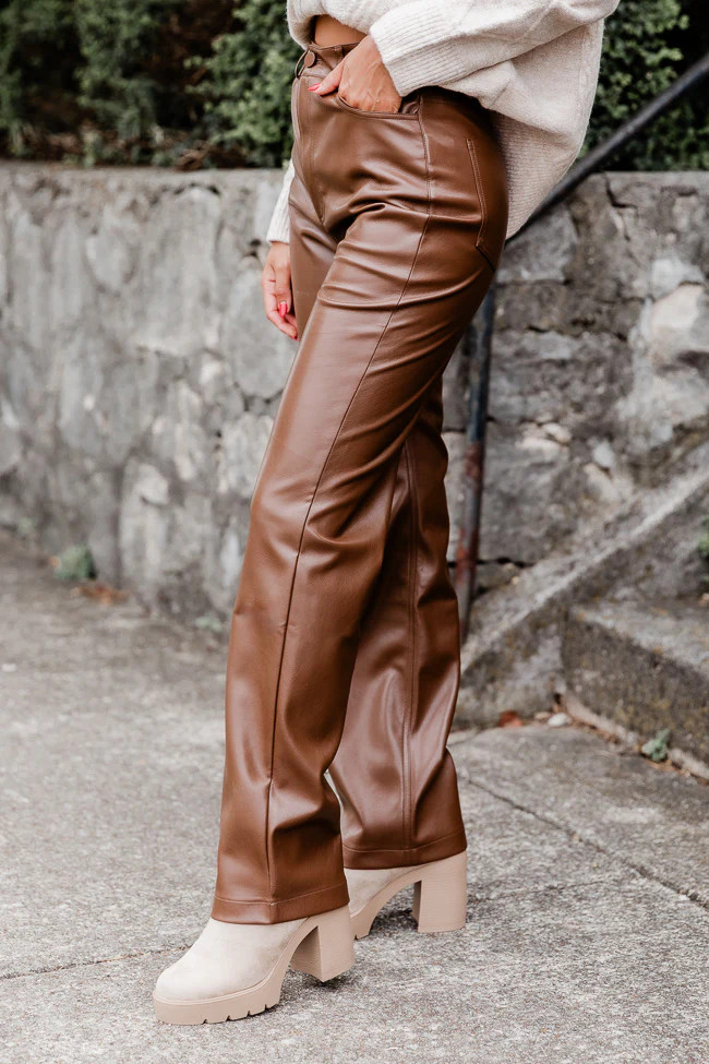 Be True To You Brown Faux Leather Straight Leg Pants | Pink Lily
