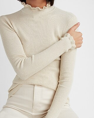 Metallic Ribbed Ruffle Mock Neck Sweater | Express