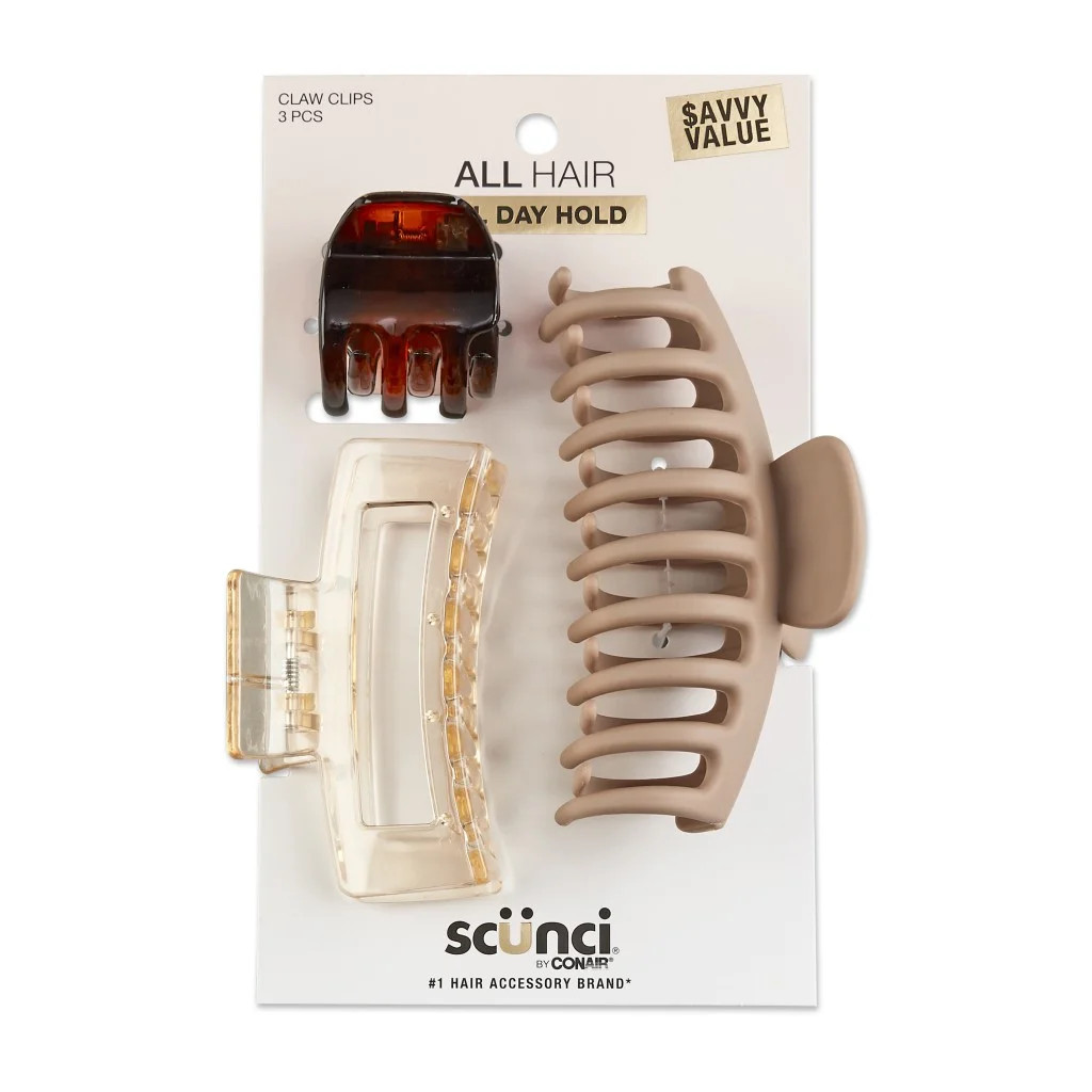 Scunci Plastic Claw Clips in Assorted Shapes and Sizes, Neutral Colors, 3 Ct | Walmart (US)