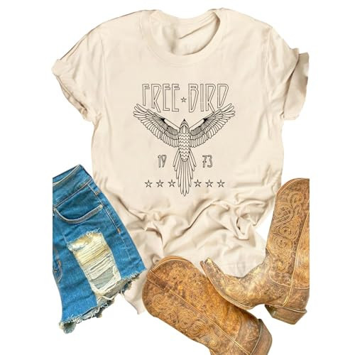 WRBIOUTS Rock Band Vintage T Shirts for Women Eagle Graphic Tees Retro Bird Country Concert Music Shirt Cotton Summer Tops(Apricot,XL) | Amazon (US)