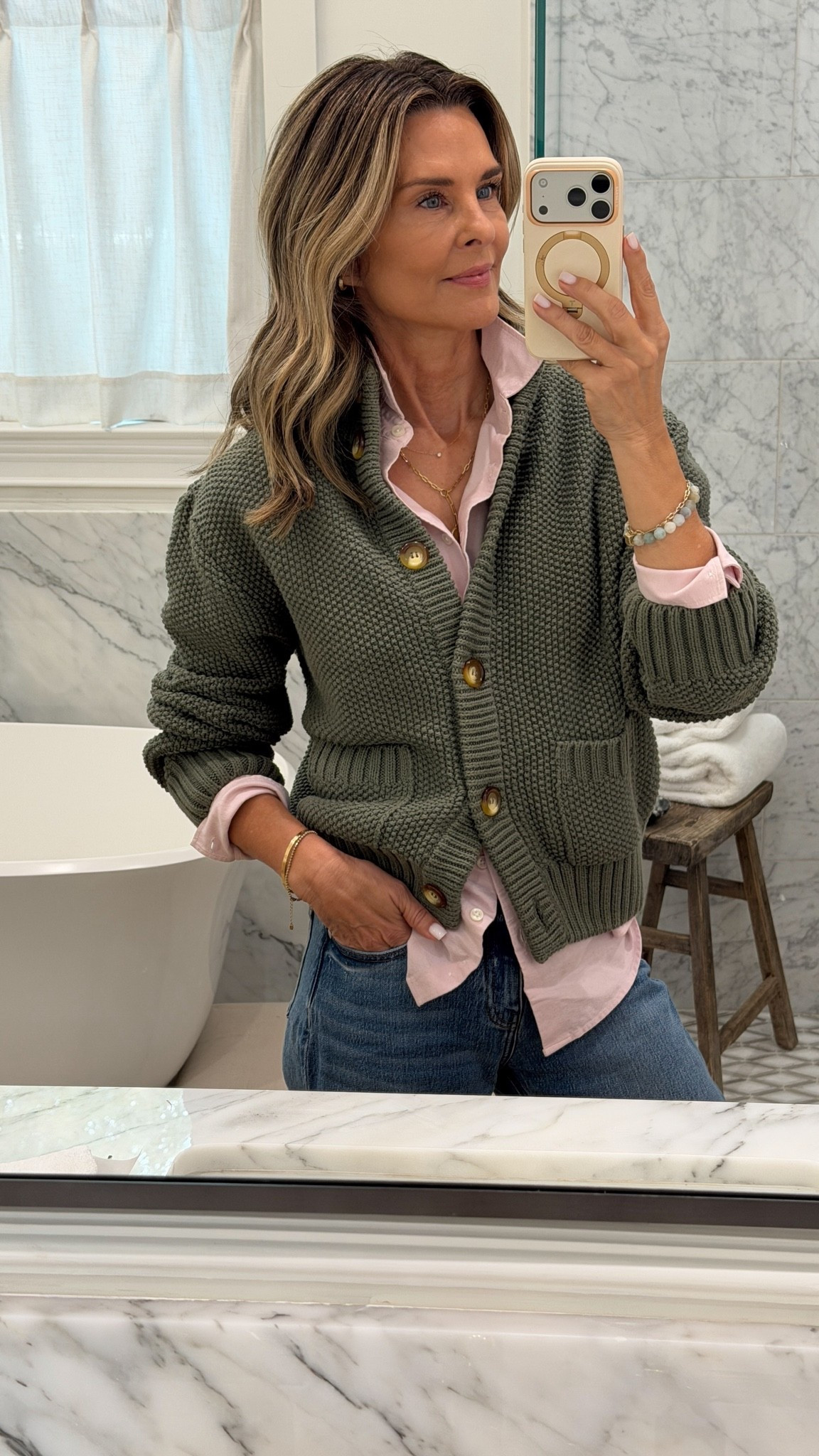Moss green cardigan sweater XS
Baby Pink button up XS
jeans TTS

Effortless midlife style, comfortable outfit ideas, and timeless pieces you’ll wear on repeat.