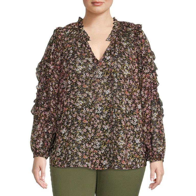 Terra & Sky Women's Plus Size Floral Ruffle Blouse with Split Neck - Walmart.com | Walmart (US)