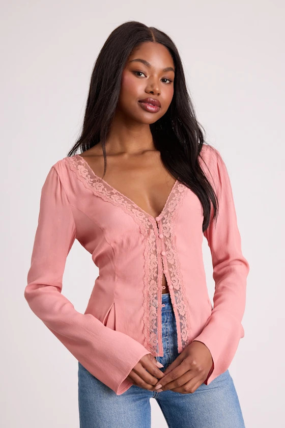 Pomona Pink Lace Button-Front Long Sleeve Top | Lulus