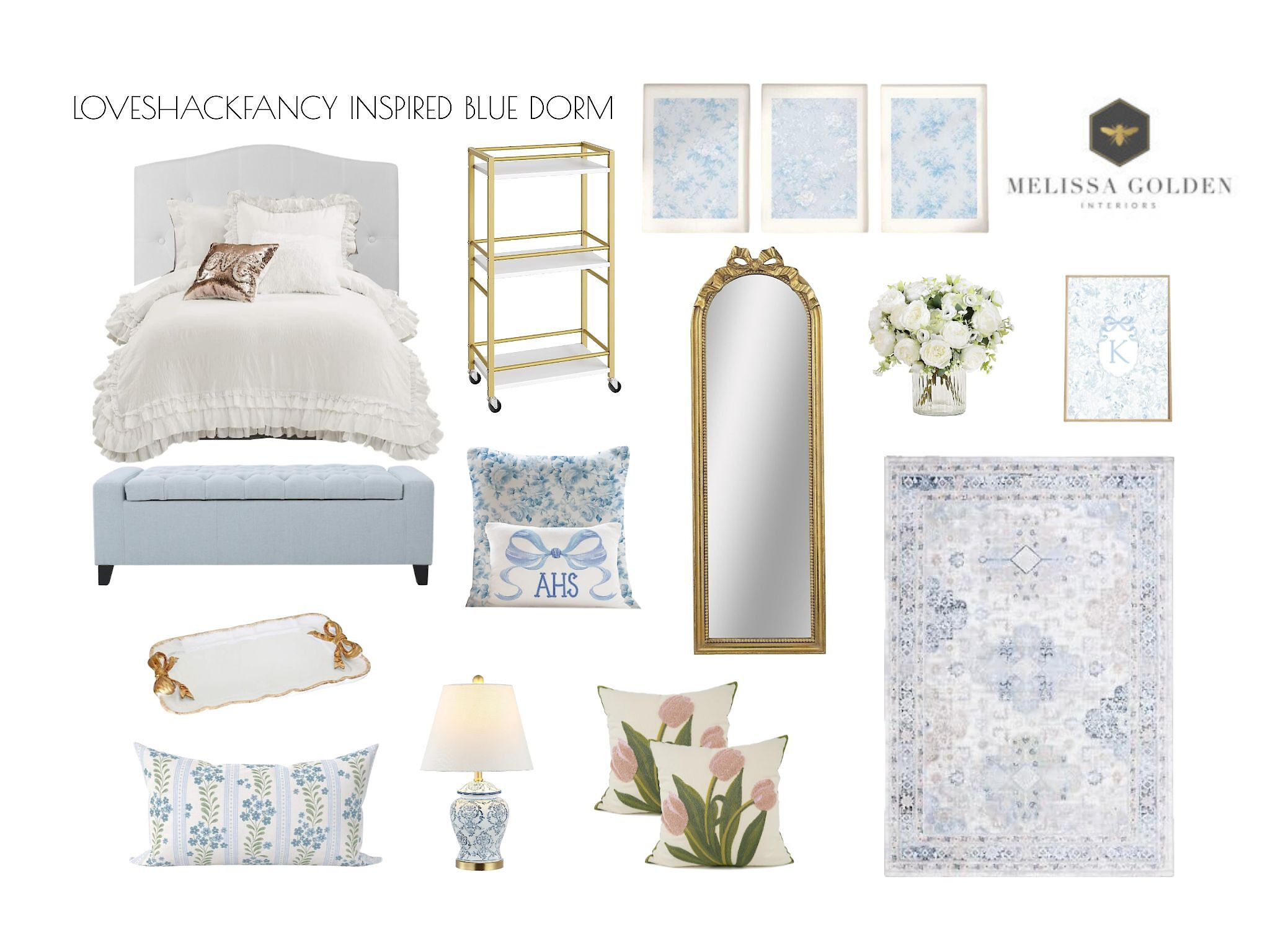 This blue LoveShackFancy inspired dorm room mood board is designed to create a dreamy, romantic, and vintage inspired space while maintaining functionality for student life. LoveShackFancy's signature aesthetic is soft, feminine, and whimsical, often featuring delicate florals, vintage textiles, and pastel hues. This design adapts that vision with a focus on shades of blue, offering a serene and sophisticated take on the classic LoveShackFancy look. 

 