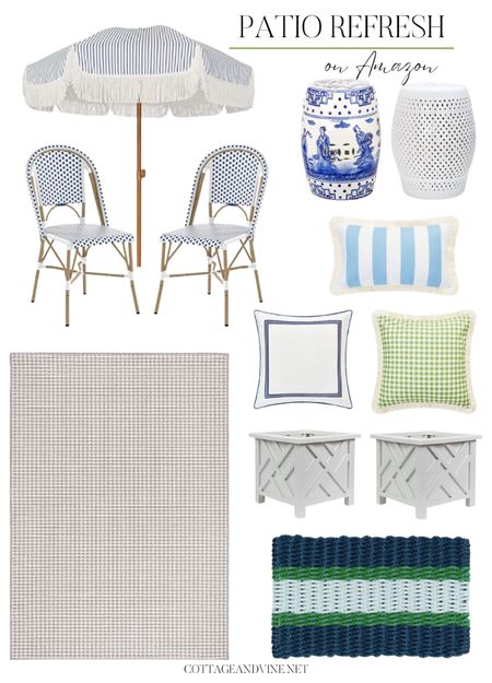 PATIO REFRESH
shop for garden stools, umbrella, bistro chairs, outdoor pillows, Chippendale planters, lobster rope doormat, outdoor rug, blue and white, gingham #patio #outdoor #grandmillennial 

#LTKunder100 #LTKhome #LTKSeasonal